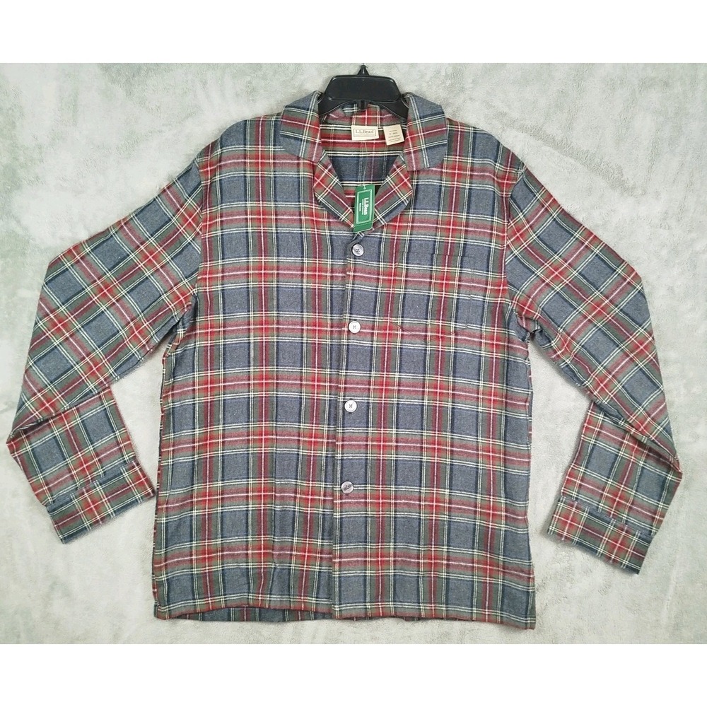 NWT LL Bean Gray Red Scotch Plaid Button Up Flannel Shirt Men Medium Cotton